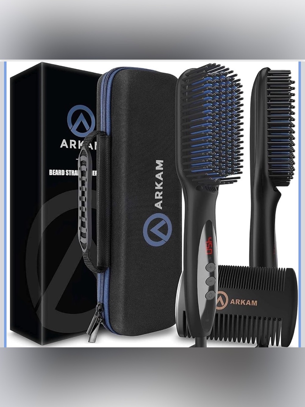 Black & Blue Heated Beard Straightening Brush with Travel Case